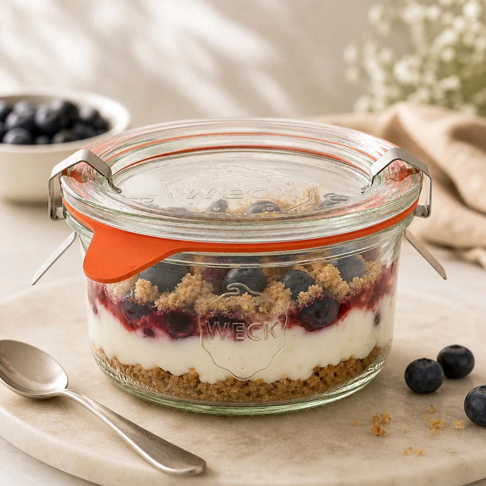 Bicchieri da 165 ml completi WECK RR80 WECK 165ml RR80 tumbler con un dessert a strati di mirtilli, yogurt e crumble su una tavola di marmo