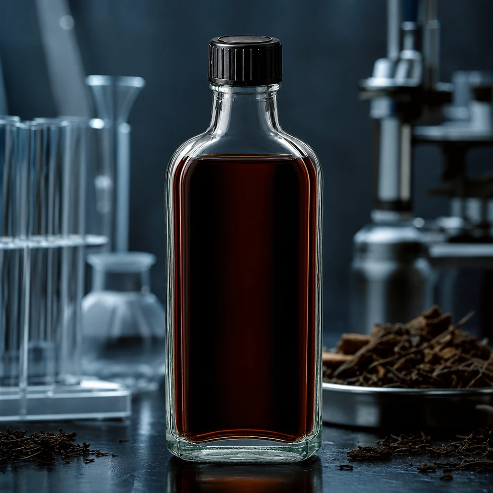 100 ml Tappo a vite trasparente Meplat con disco di tenuta LKD Flacone di vetro Meplat rettangolare da 100 ml con disco di tenuta LKD e estratto vegetale scuro in laboratorio