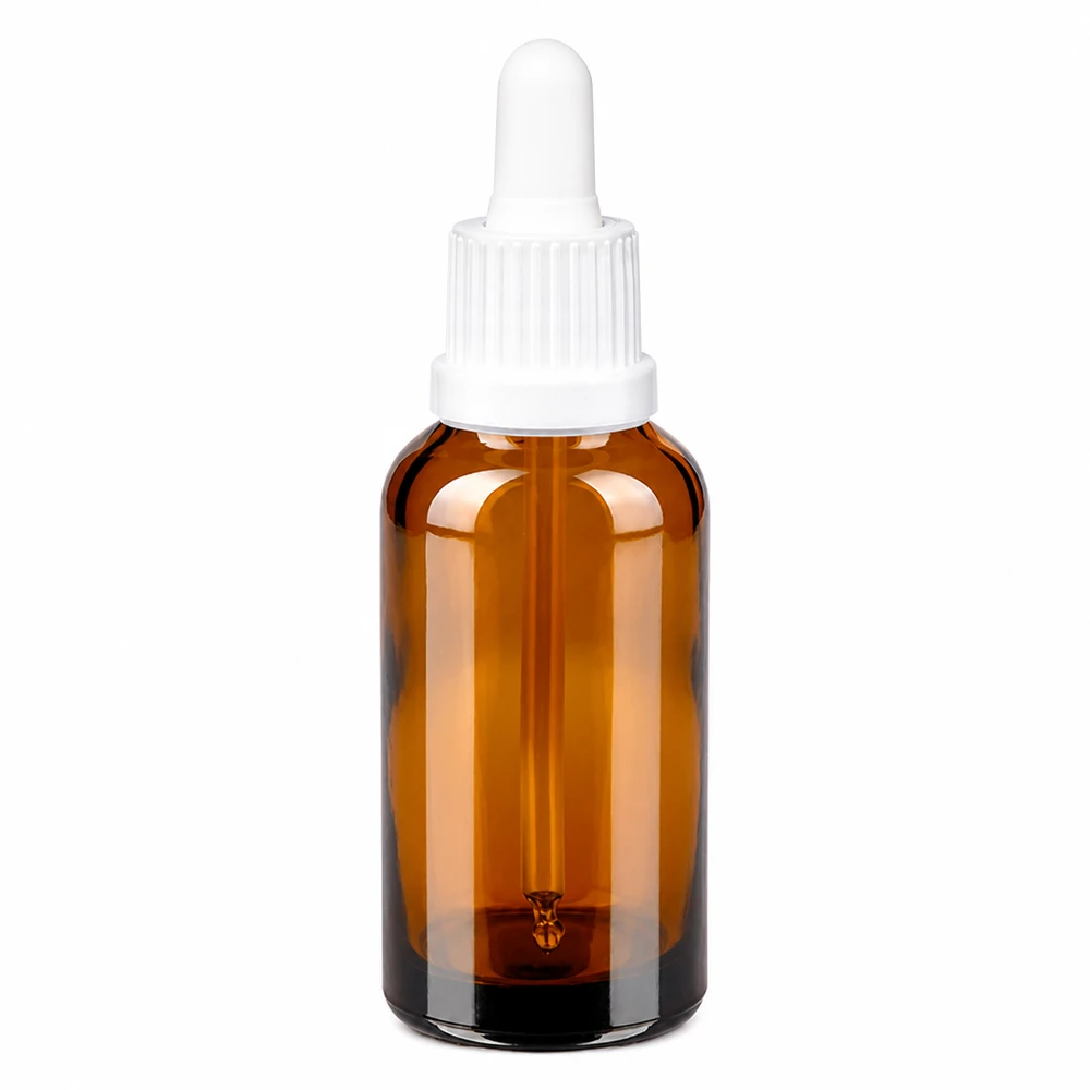 Flacone per pipette da 30 ml bianco OV BrownLine UT18/30 Flacone a pipetta rotondo da 30 ml in vetro ambrato con inserto contagocce bianco per cosmetici