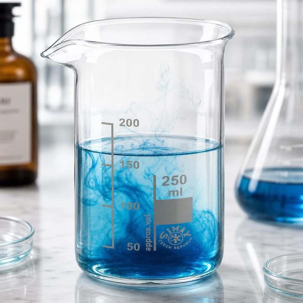 Becher da 250 ml di forma alta contenente un liquido blu e nuvole di colorante in un ambiente di laboratorio