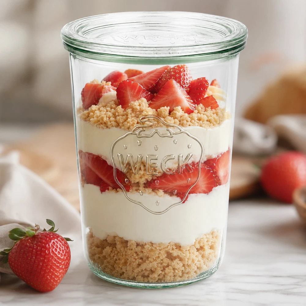 Barattolo di vetro da 850 ml con coperchio in vetro WECK RR100 WECK Sturzglas 850ml RR100 als stylisches Dessertglas mit Erdbeeren und Creme zeigt moderne Tischpräsentation
