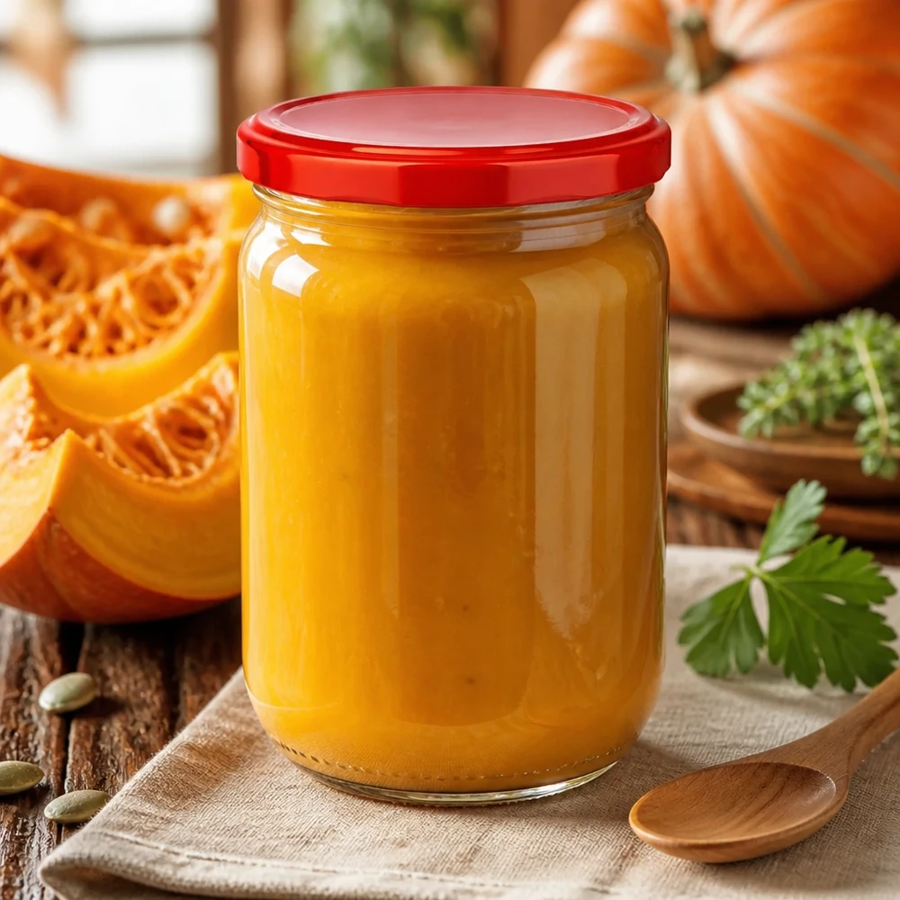 Vasetto da 555 ml UNiTWIST con coperchio rosso, purea di zucca, cucchiaio di legno ed erbe aromatiche come decorazione