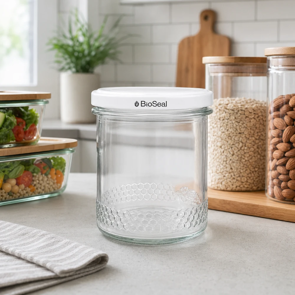 Vasetto per miele da 560 g con capsula bianca BioSeal UNiTWIST Vasetto di miele vuoto da 400 ml con coperchio BioSeal bianco in una cucina moderna, accanto a vasetti di stoccaggio per una conservazione versatile