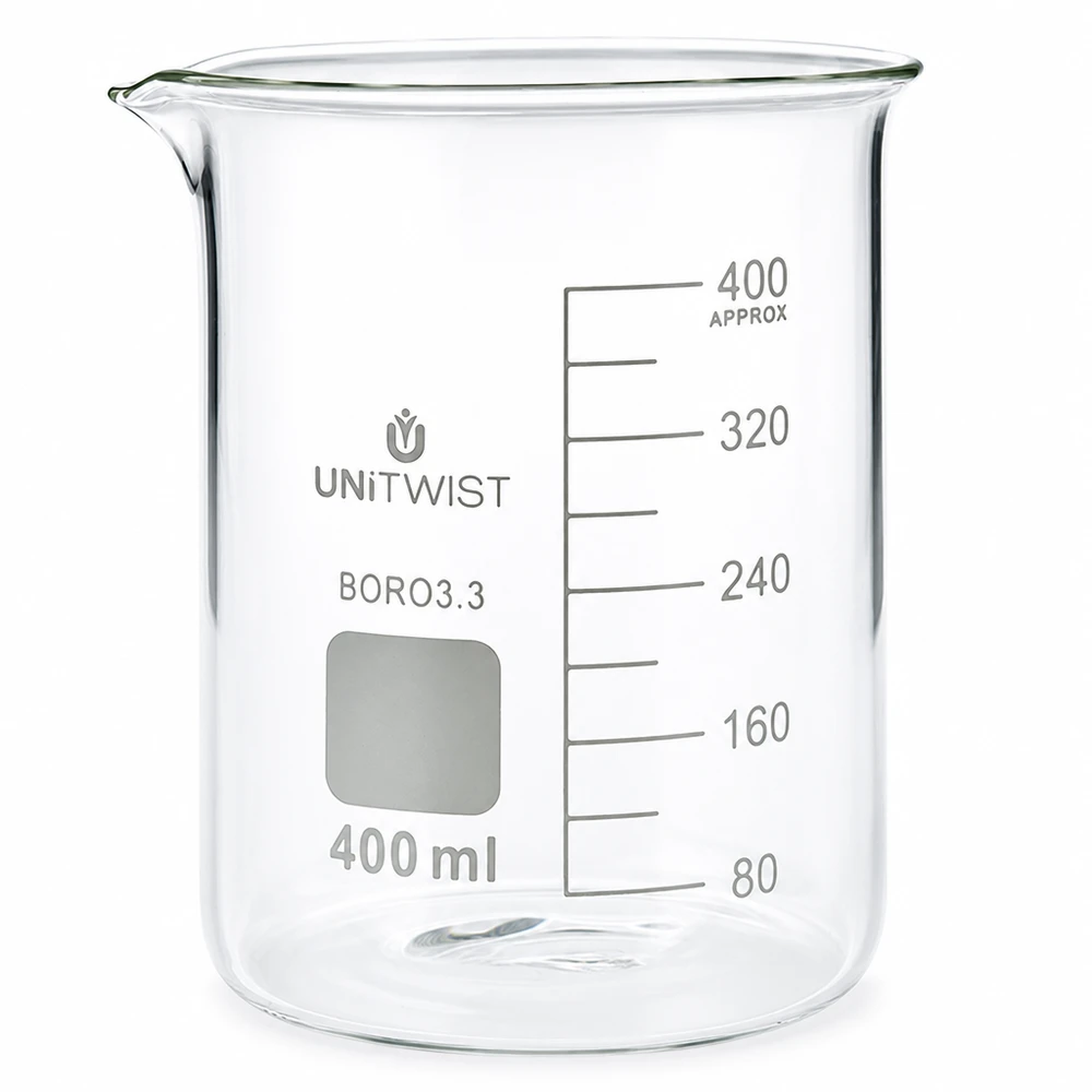 Bicchiere da laboratorio da 400 ml in borosilicato, a forma bassa, della UNiTWIST con scala in millilitri
