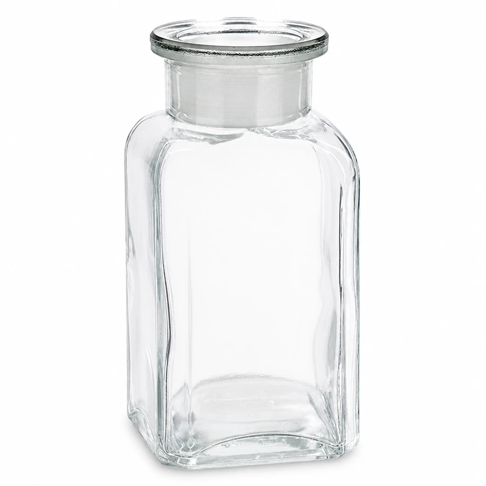Flacone quadrato da 100 ml trasparente con tappo in vetro, a collo largo, per laboratorio e farmacia