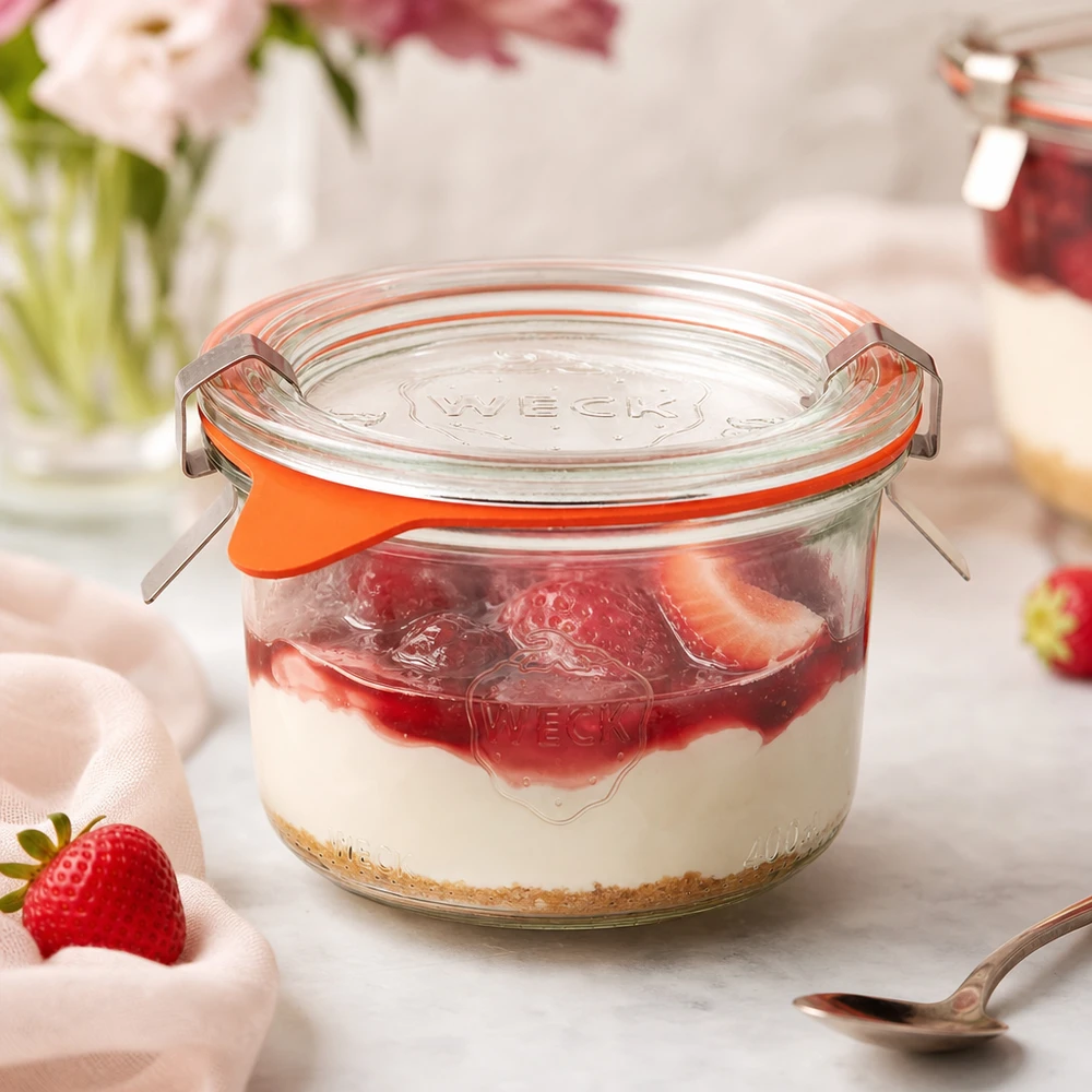 Bicchieri da 200 ml completi WECK RR80 Bicchieri WECK 200ml RR80 riempiti di dessert alla fragola come vasetto da porzione per tiramisù e dessert dolci