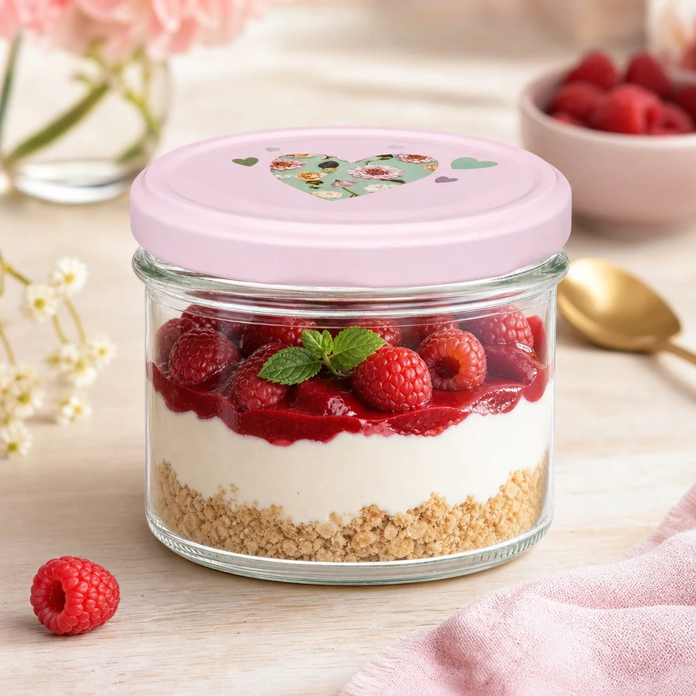 Bicchieri da 225 ml + coperchio BasicSeal cuore rosa UNiTWIST Dessert a strati con lamponi in tumbler da 225 ml con coperchio a cuore BasicSeal rosa come bicchiere da dessert su tavola di legno