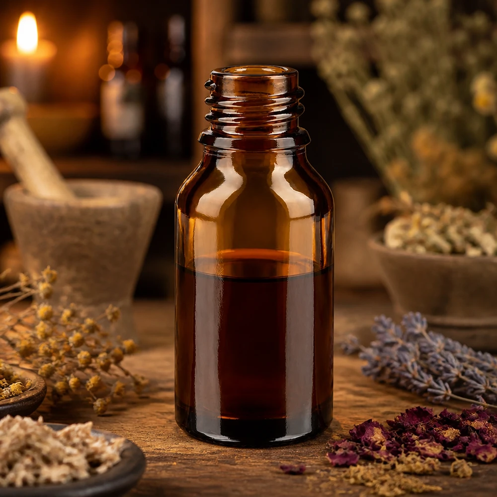 Flacone da farmacia marrone da 15 ml ApoGlas riempito di liquido scuro circondato da erbe medicinali essiccate e mortaio