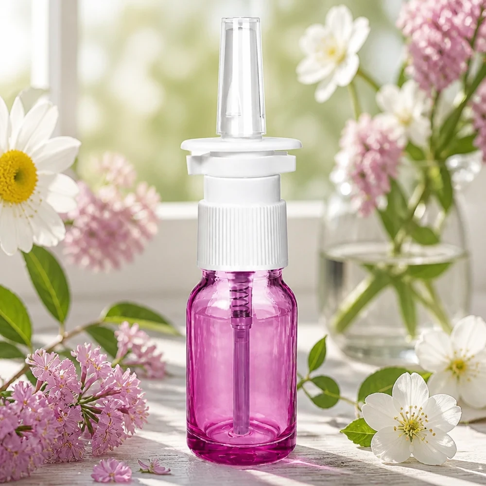 Flacone spray nasale da 10 ml bianco/trasparente standard PurpleLine. UT18/10 Flacone farmaceutico in vetro da 10 ml con attacco per spray nasale, di colore viola trasparente.