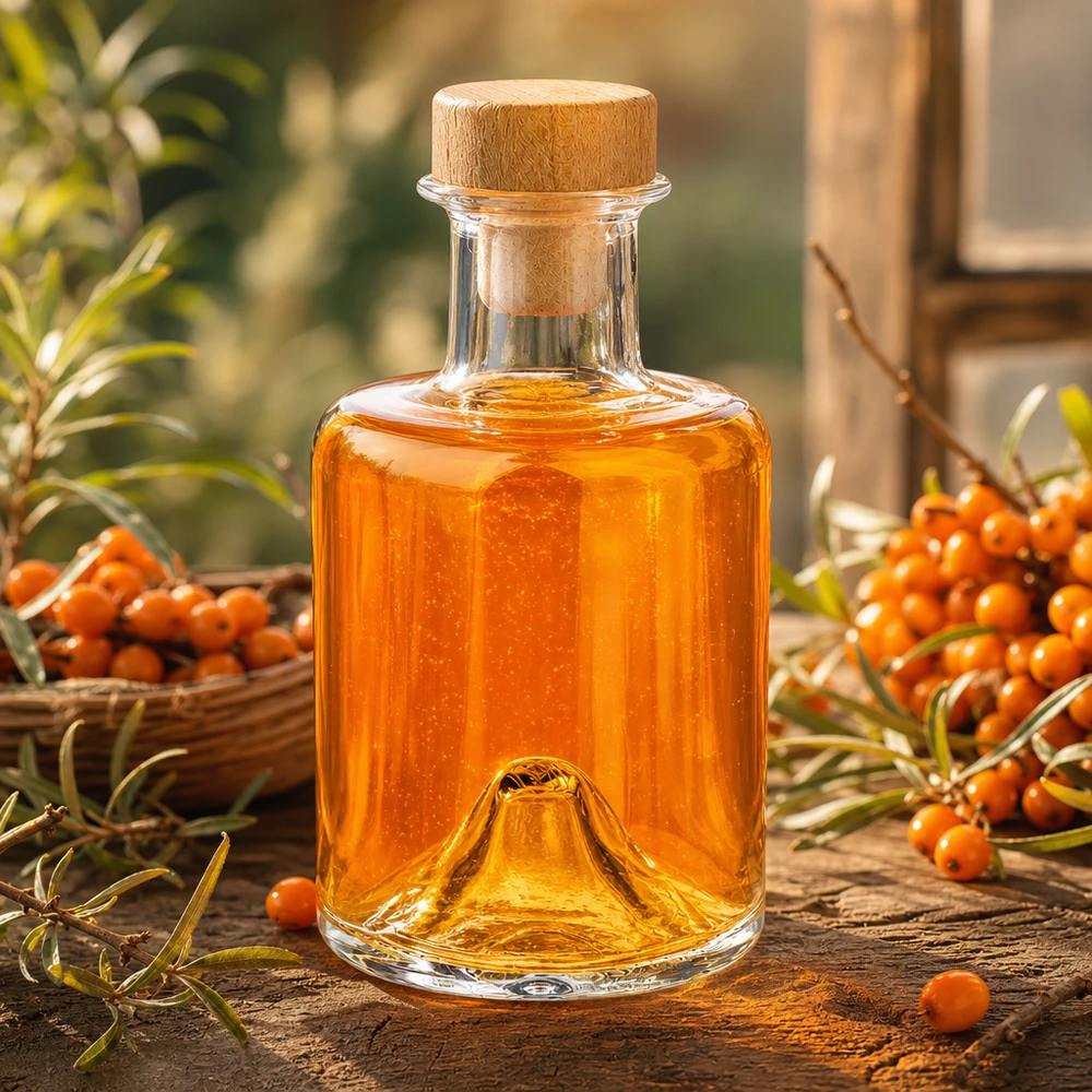 Bottiglia in vetro di Sofia da 200 ml con tappo in legno riempita di olio color arancio accanto a bacche di olivello spinoso su un tavolo in legno