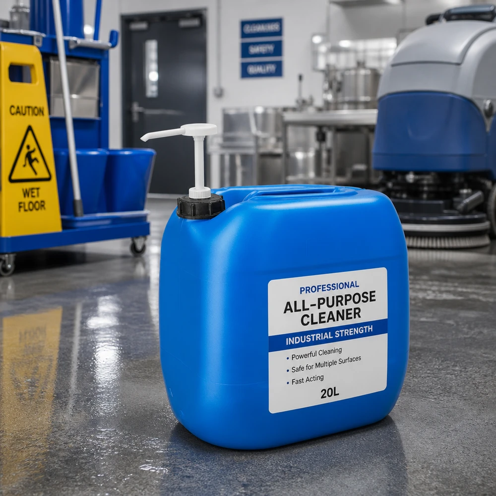 Tanica 30 litri blu con pompa dosatrice Contenitore blu da 30 litri di grande capacità con erogatore a pompa, utilizzato nel settore della pulizia professionale