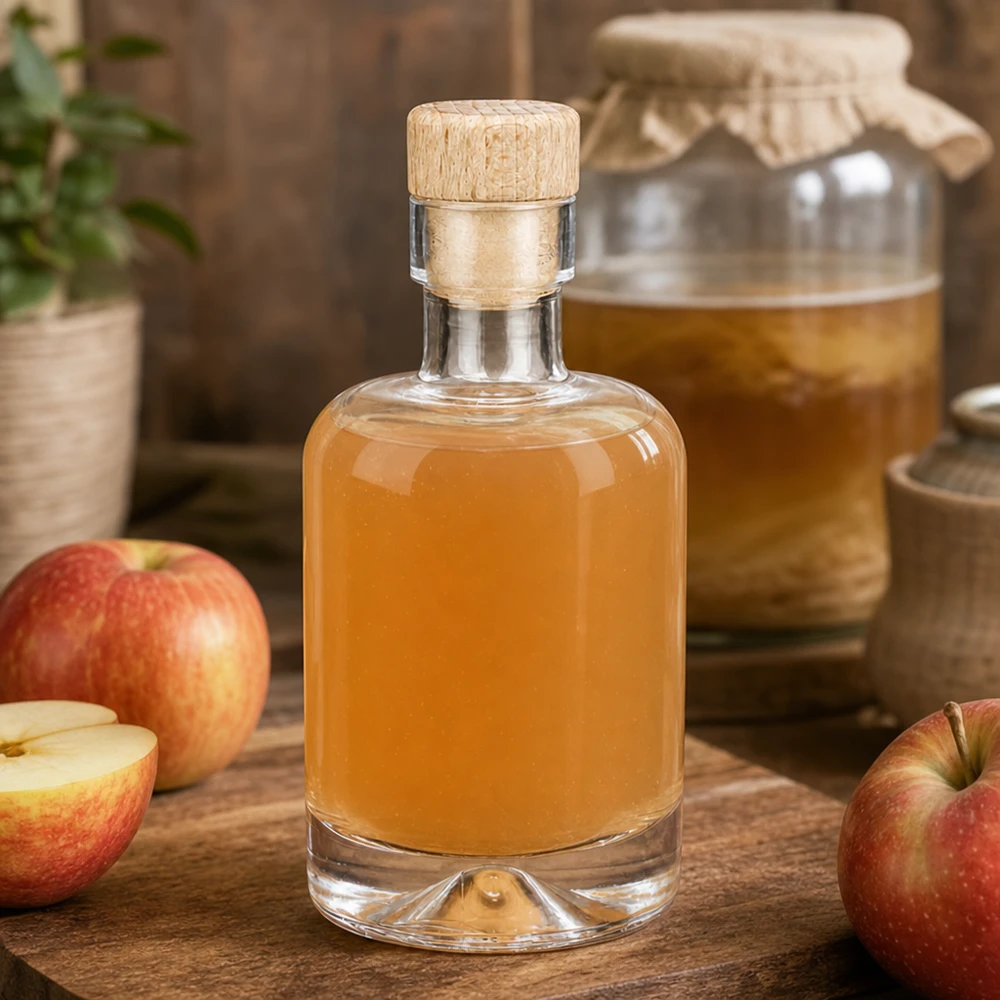 Bottiglia in vetro da 50 ml Amelie con tappo in sughero con impugnatura in legno UNiTWIST Bottiglia di vetro da 50 ml Amelie riempita di acquavite di mele tra mele fresche e vasetto di miele rustico decorato su tavolo di legno