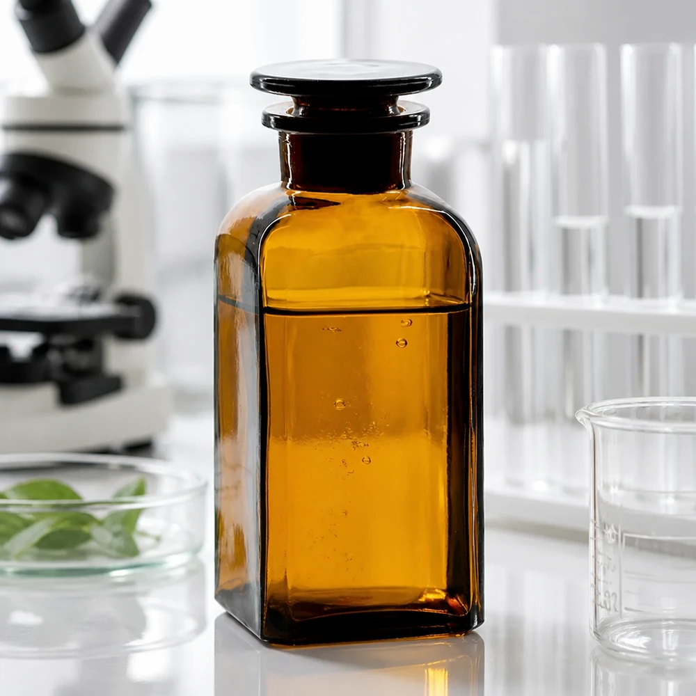 Fiaschetta da laboratorio da 350 ml, marrone, a sezione quadrata, con tappo di vetro, accanto a un microscopio e a provette
