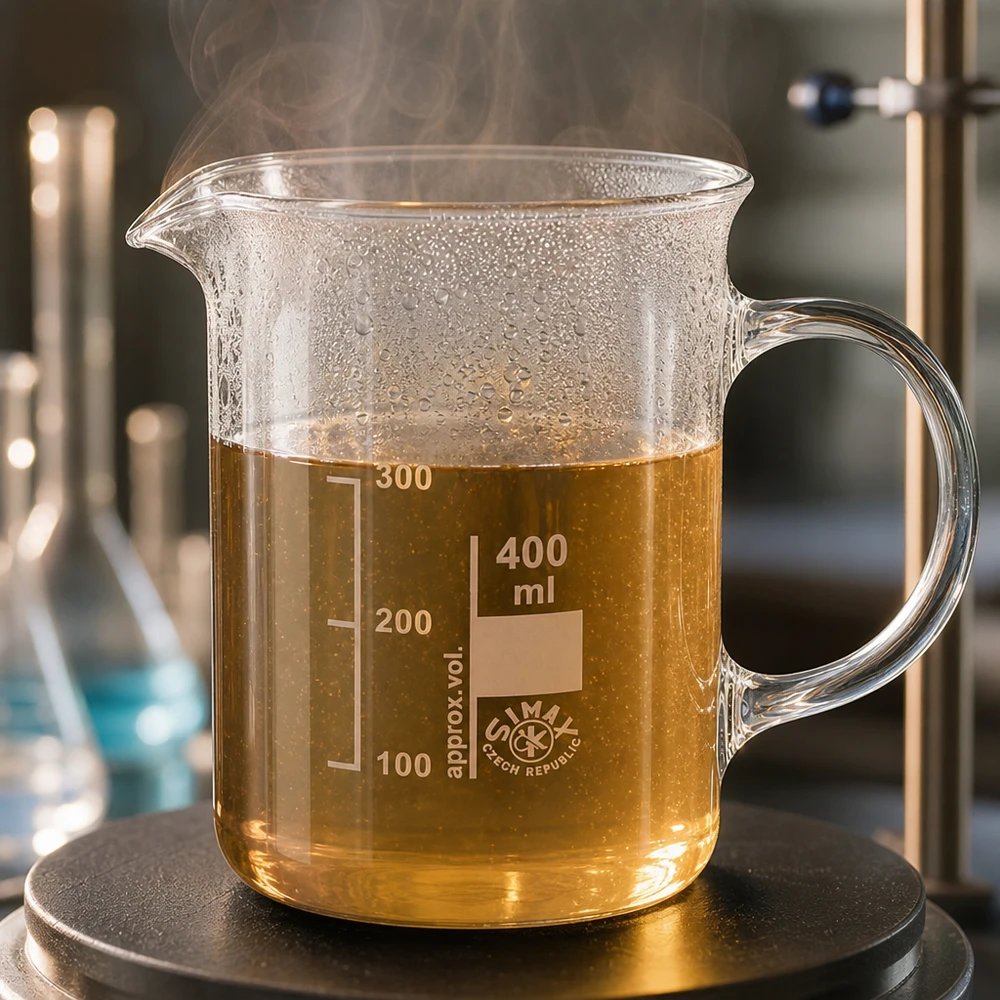 Bicchiere di vetro fumante da 400 ml con manico, contenente una soluzione marrone riscaldata su una piastra riscaldante; vetro borosilicato