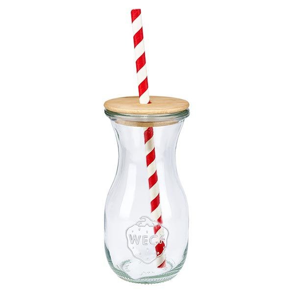 6 x WECK 290ml bottiglia di succo RR60 con coperchio in legno e 100 eco S Borraccia WECK 290ml trasparente con coperchio in legno e cannuccia in carta a righe bianche e rosse vista singola