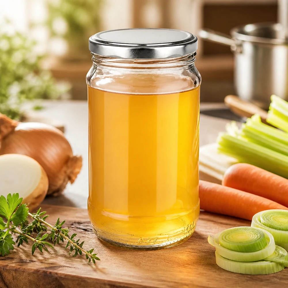 Barattolo da 370 ml con coperchio a vite argentato, riempito con un brodo casalingo profumato a base di verdure fresche