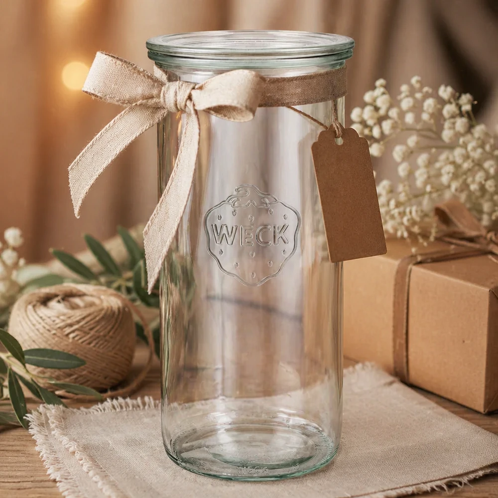 Bicchieri WECK 1500ml RR100 in regalo, decorati con nastro beige e targhetta in legno con confezione regalo
