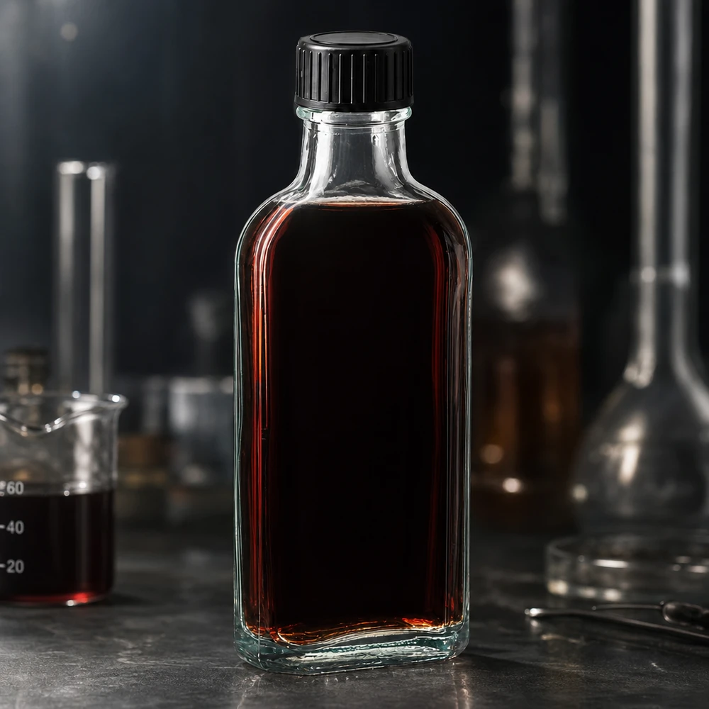 Bottiglia di vetro Meplat da 100 ml piena, con contenuto rosso scuro e tappo a vite nero, in laboratorio