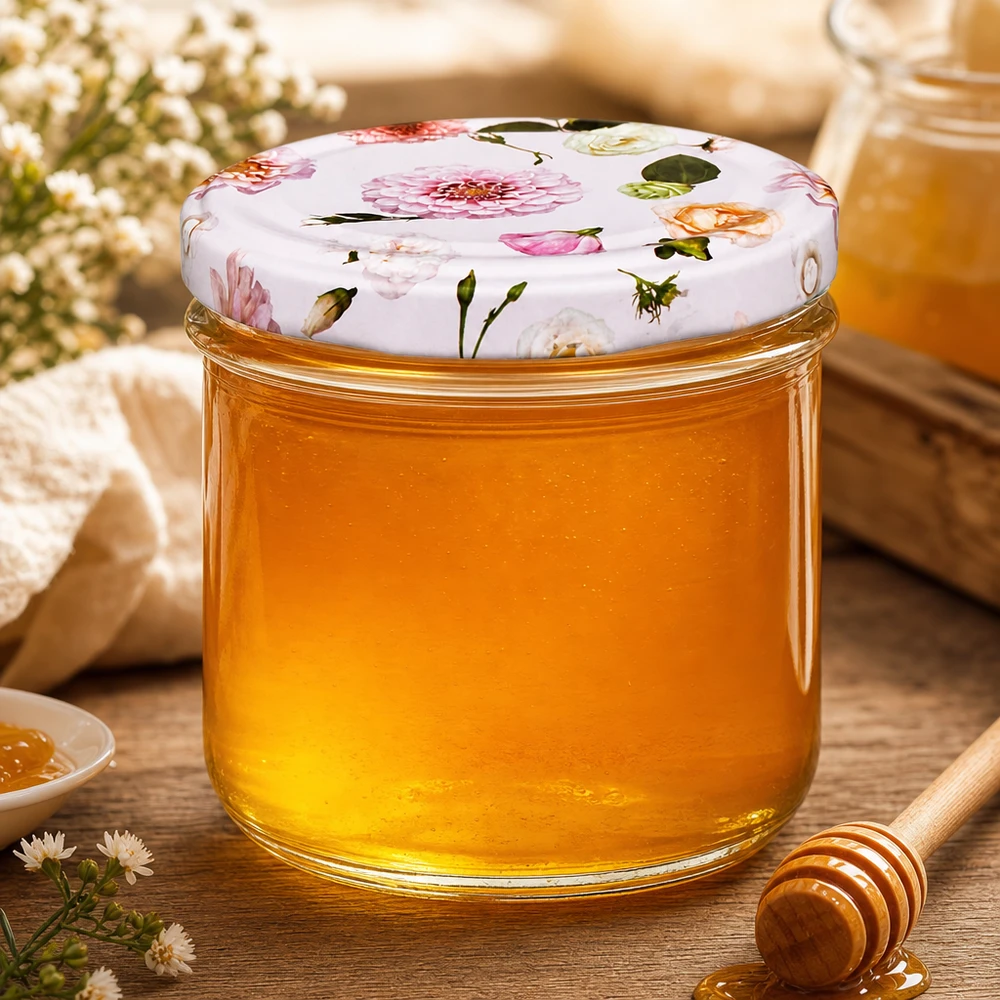 Barattolo di vetro da 225 ml + coperchio BasicSeal rosa UN... Honig im 225ml Sturzglas mit Blumendeckel und Honiglöffel - Einmachglas für süße Leckereien dekorativ präsentiert