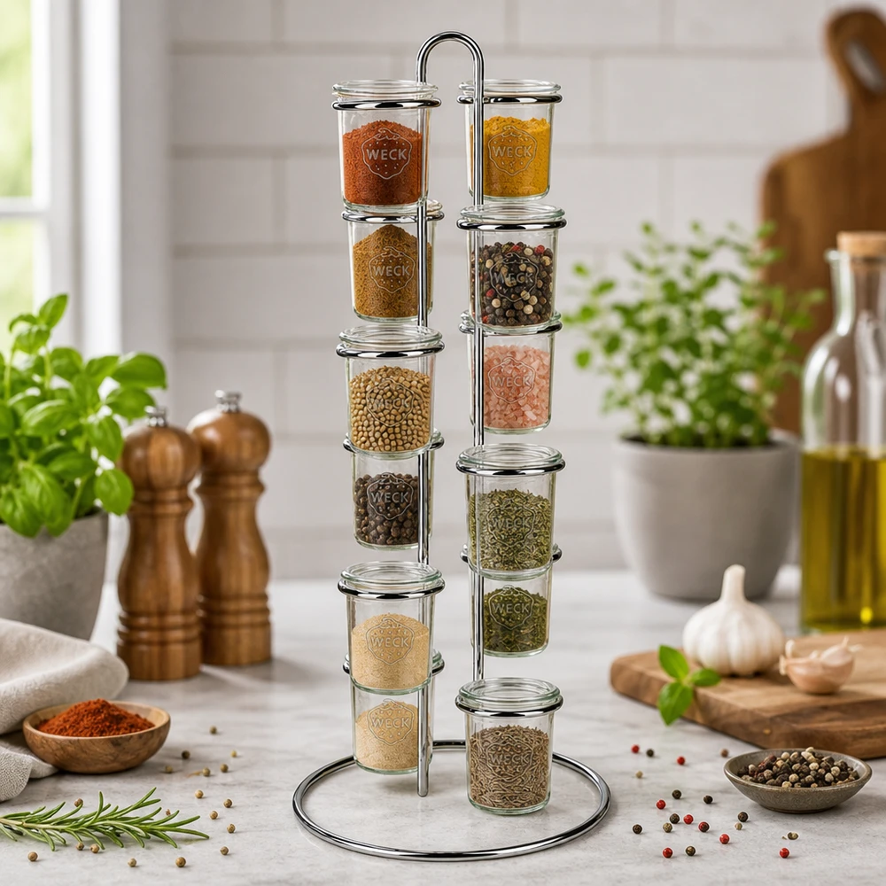Portabottiglie Vertico12 per 12 tumbler WECK Elegante Küchenorganisation mit WECK Vertico12 Gewürzkarussell umgeben von frischen Kräutern und Kochutensilien