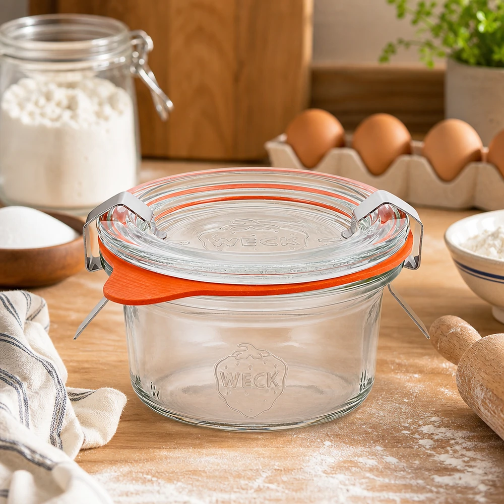 Bicchieri da 50 ml completi WECK RR60 Bicchieri WECK da 50 ml RR60 su un piano di lavoro in legno in un'ambientazione da forno con farina, uova e ingredienti da forno come scenario da cucina