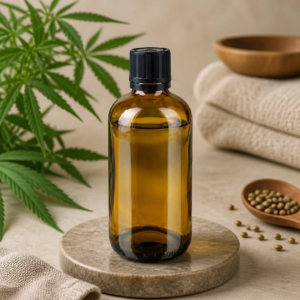 Flacone da 100 ml in vetro ambrato con tappo contagocce nero su un piedistallo di marmo, accanto a una pianta di canapa e a dei semi di canapa