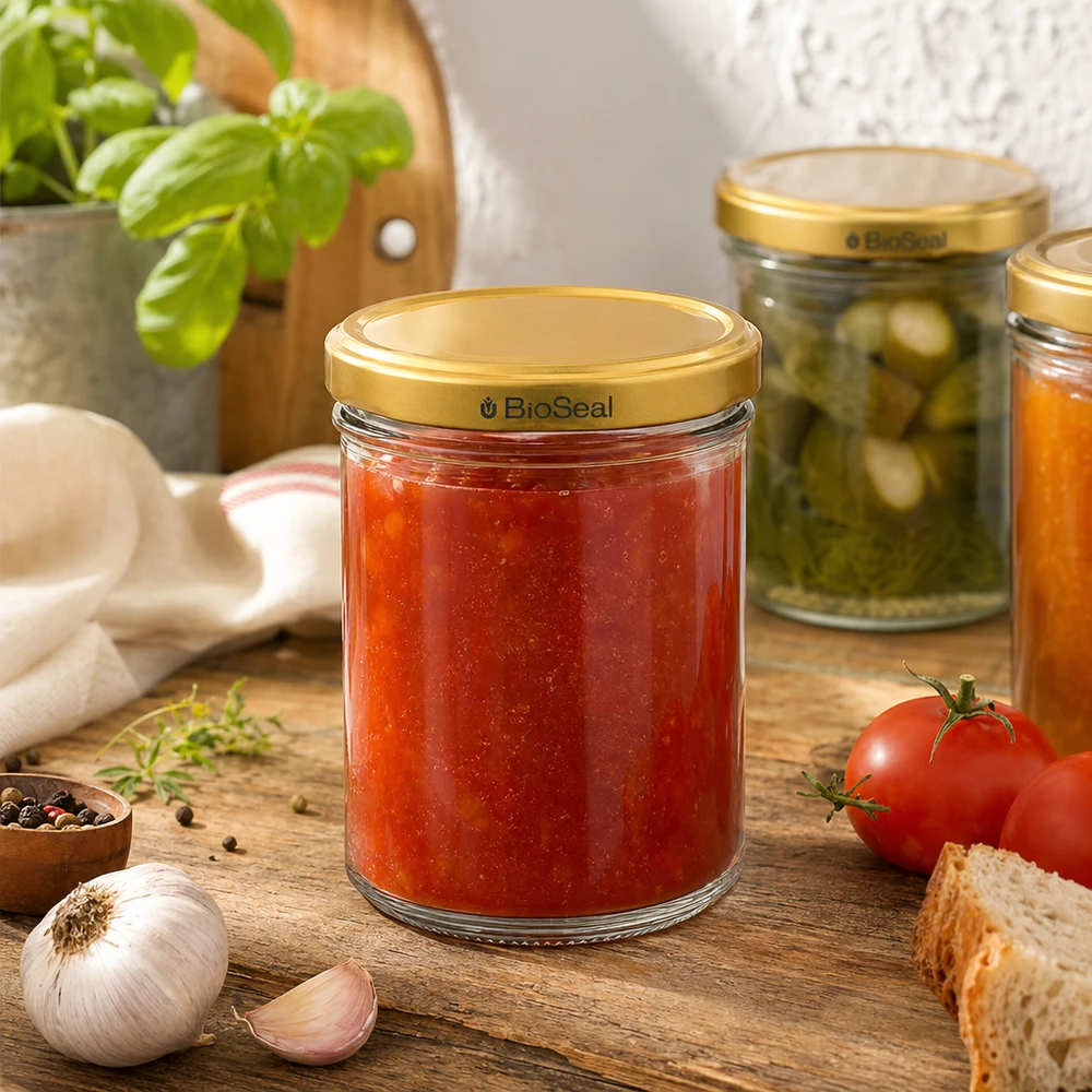 Vasetto per miele da 200 g con capsula dorata BioSeal UNiTWIST Vasetto di miele da 200 g con coperchio BioSeal dorato riempito di marmellata in una scena di cucina con pomodori e spezie