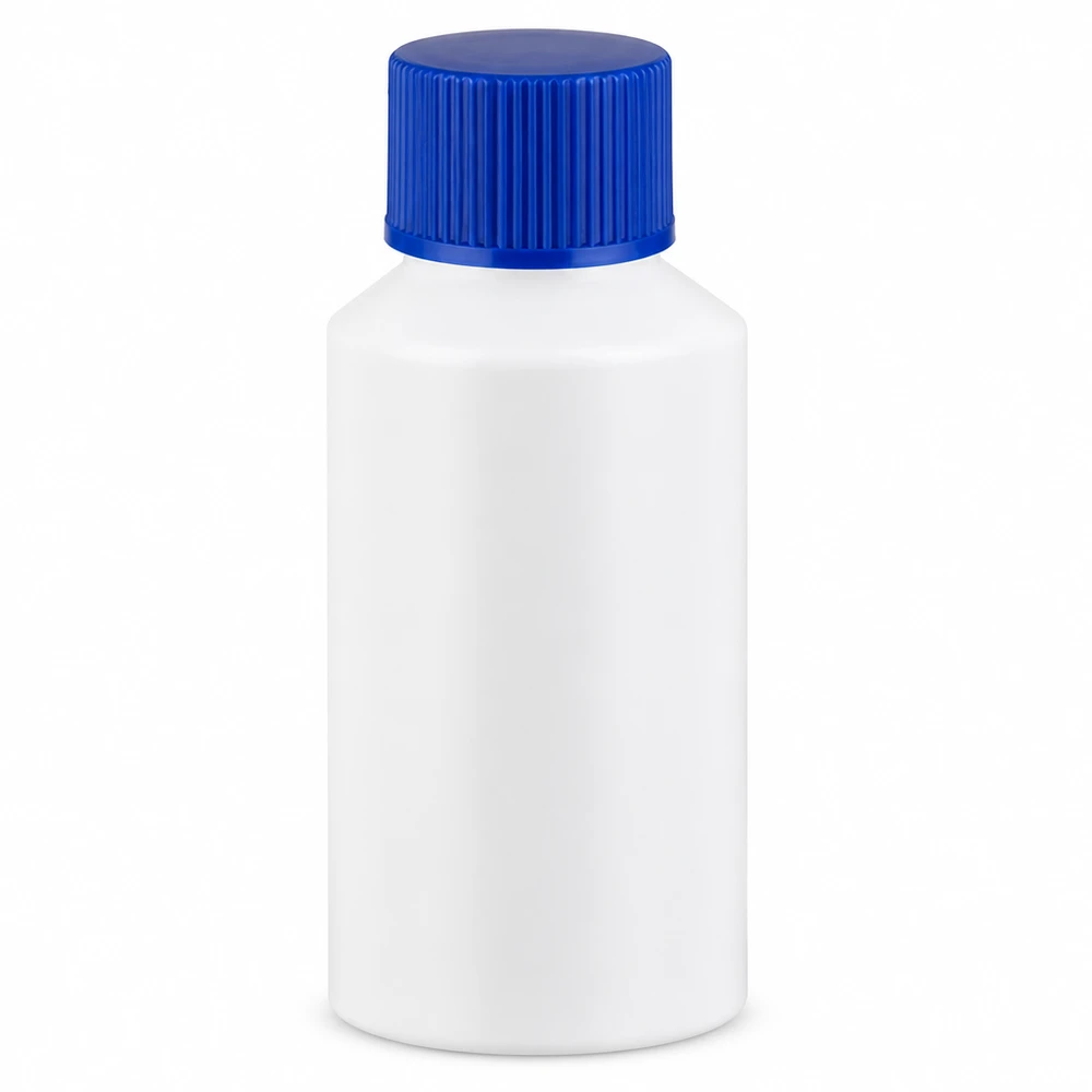 Flacone farmaceutico HDPE 50ml bianco, con SV blu Bottiglia in HDPE per uso alimentare da 50 ml, bianca con tappo blu, per liquidi