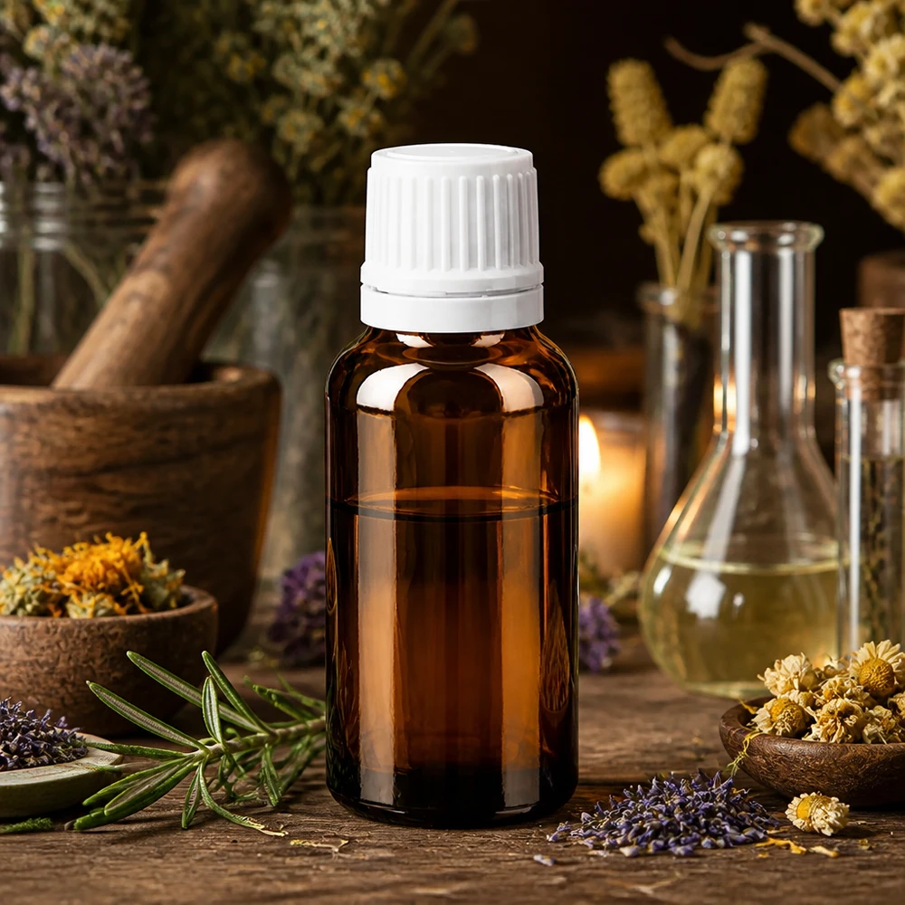 Flacone contagocce da 20 ml in vetro marrone con protezione dai raggi UV e tappo di sicurezza per bambini bianco, tra le erbe medicinali
