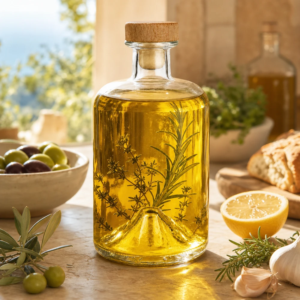 Flacone farmaceutico da 500 ml Sofia con tappo in sughero con impugnatura in legno UNiTWIST® 500ml Glasflasche Sofia mit Kräuteröl befüllt mediterranes Ambiente mit Oliven Brot und Zitrone Küchenszene