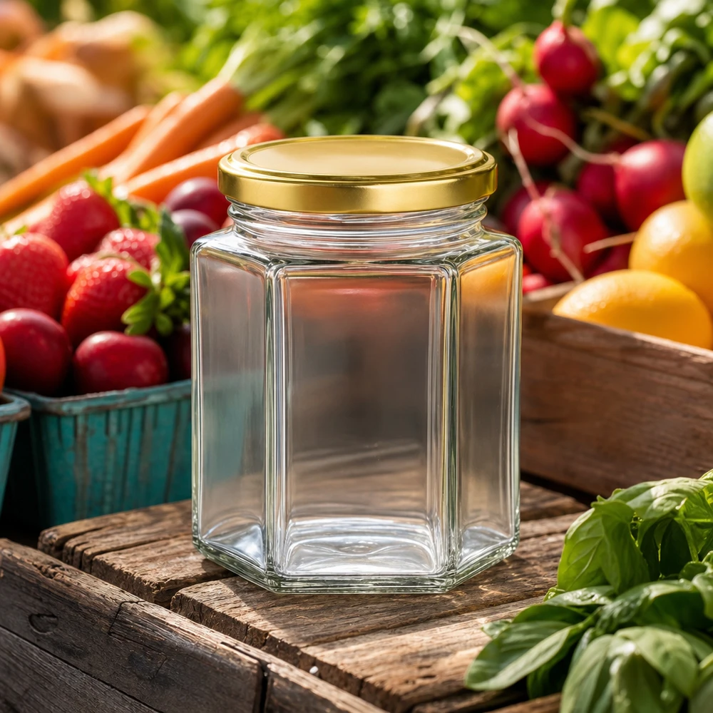 Vasetto per miele da 250 g con capsula dorata BasicSeal UNiTWIST Vasetto di miele BasicSeal da 250 g vuoto con coperchio dorato su una tavola di legno rustica circondata da frutta e verdura fresche
