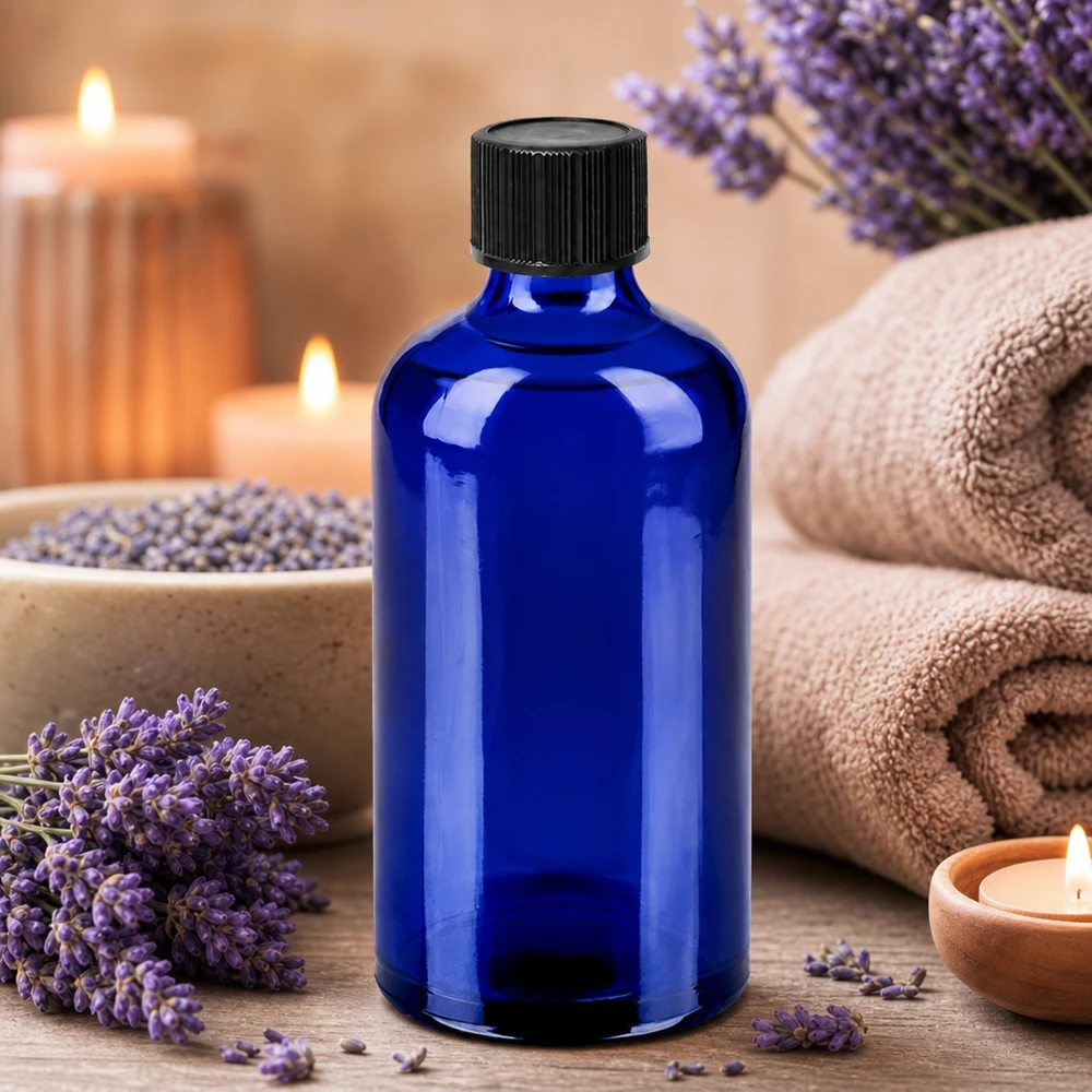 Flacone contagocce da 100 ml 1 mm nero STD BlueLine UT18/100 Flacone da farmacia da 100 ml in blu cobalto con tappo contagocce nero per aromaterapia e benessere