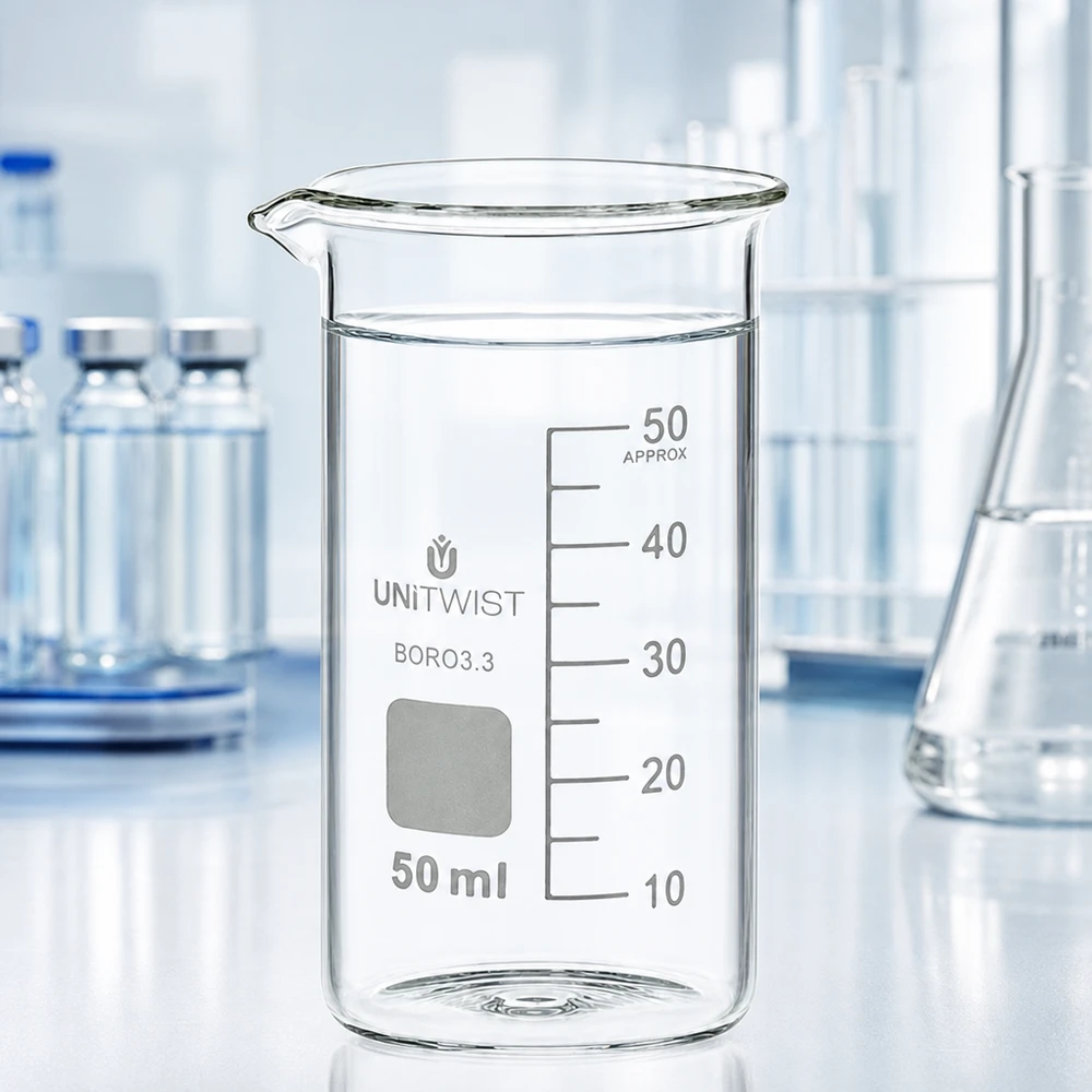 Bicchiere di vetro vuoto da 50 ml, forma alta, borosilicato 3.3 UNITWIST con spazio per l'etichettatura, grigio