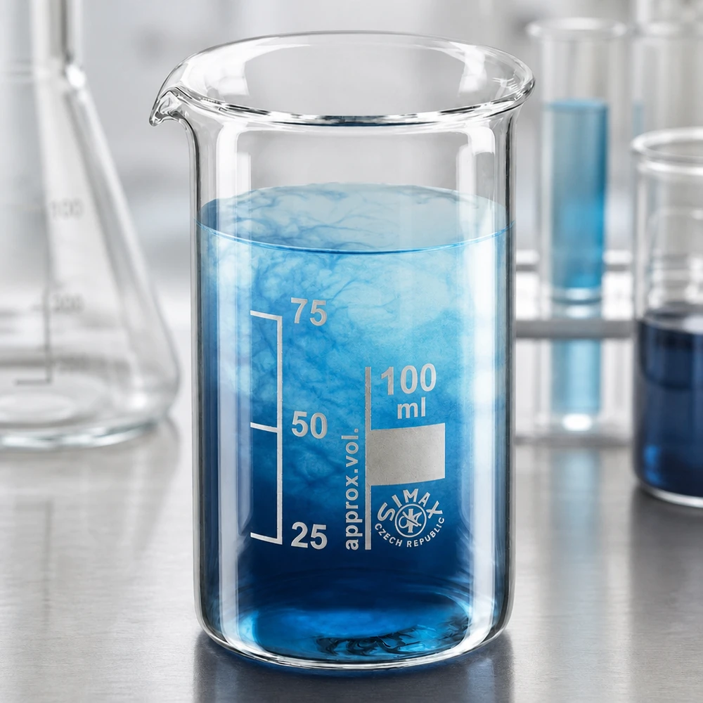 Vaso di vetro Simax da 100 ml, forma alta, con soluzione blu e diffusione visibile in laboratorio