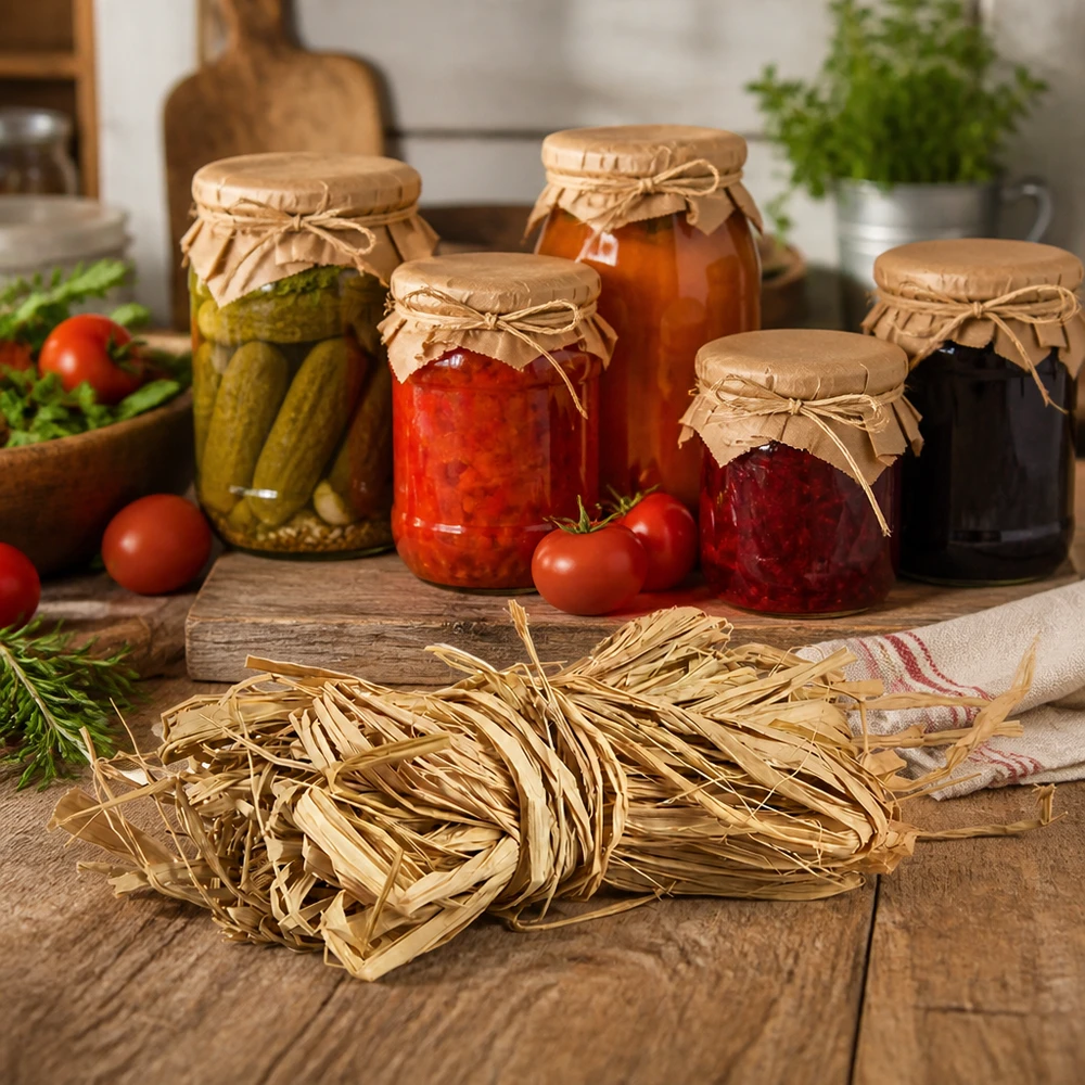 Rafia naturale 30g come guarnizione per vasi da conserva utilizzati nella cucina rustica con alimenti conservati