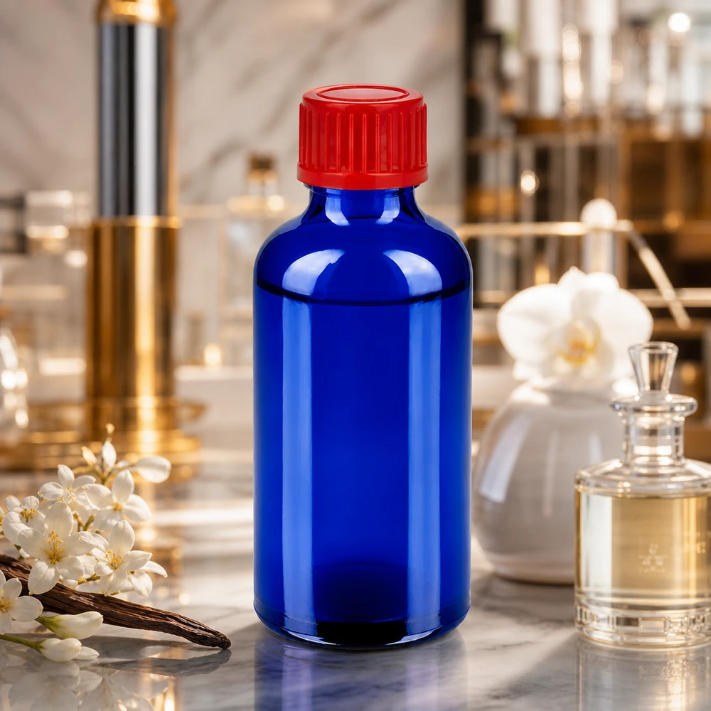 Flacone da 50ml 11mm SV rosso STD BlueLine UT18/50 Flacone di precisione 50ml BlueLine per tinture ed essenze con tappo rosso ergonomico