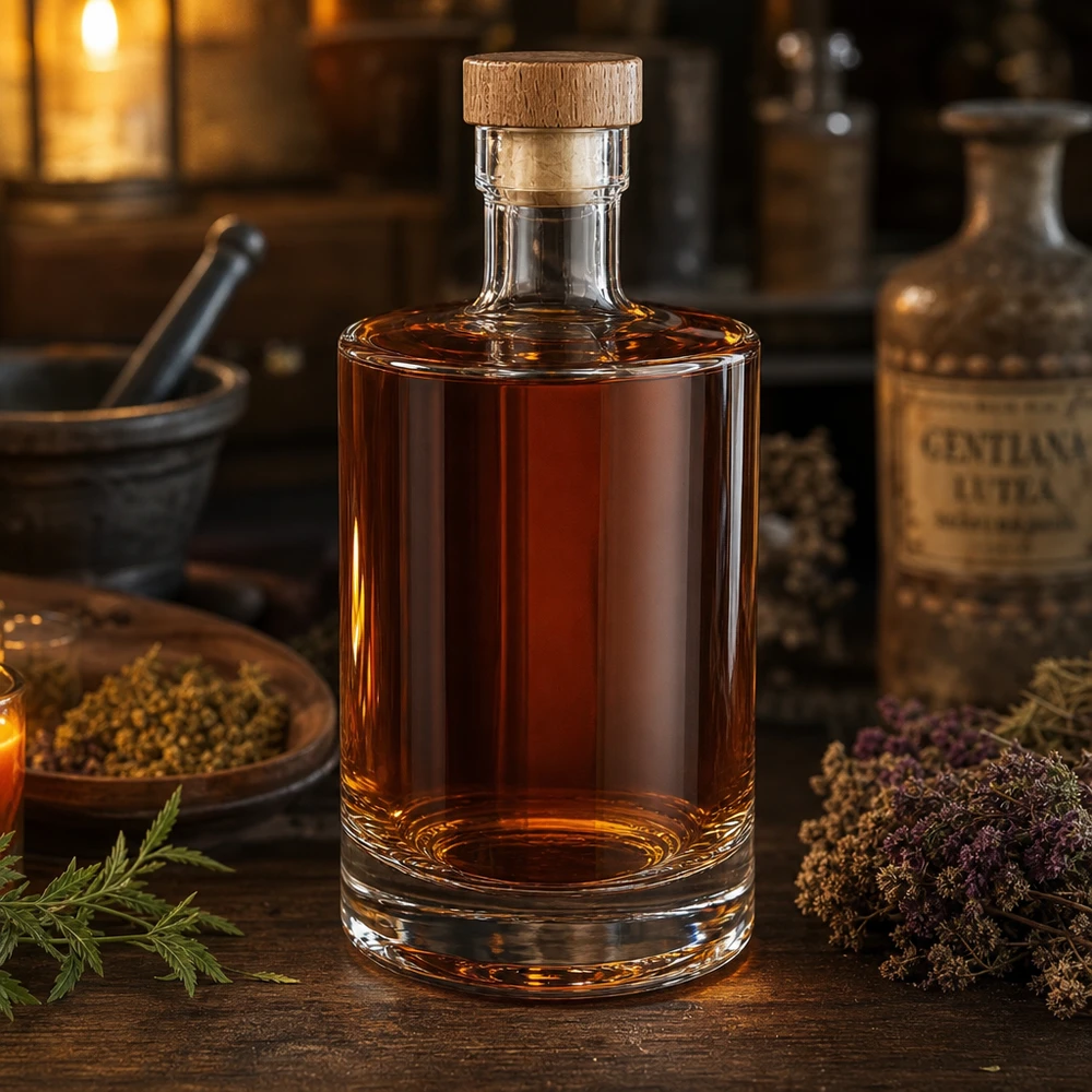 Bottiglia in vetro da 500 ml 500ml Glasflasche "Marie" mit Holzgriff-Korken UNiTWIST con tappo in sughero con impugnatura in legno UNiTWIST® 500ml Glasflasche Marie gefüllt mit bernsteinfarbener Flüssigkeit in rustikaler Küche mit Kräutern und Gewürzen