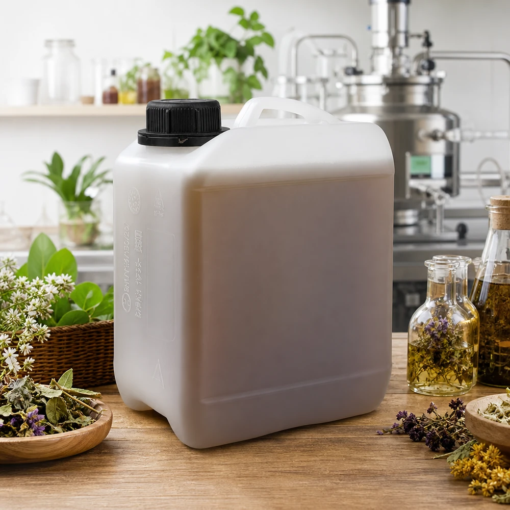 Tanica 2,5 litri con tappo a vite OV Contenitore per aromaterapia da 2,5 litri, bianco, con tappo a vite, circondato da erbe e oli essenziali