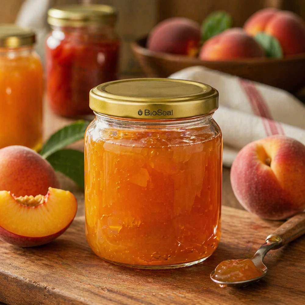 Vasetto per miele da 500 g con capsula dorata BioSeal UNiTWIST Vasetto di miele BioSeal da 500 g con marmellata di pesche e pesche fresche su una tavola di legno in una cucina rustica