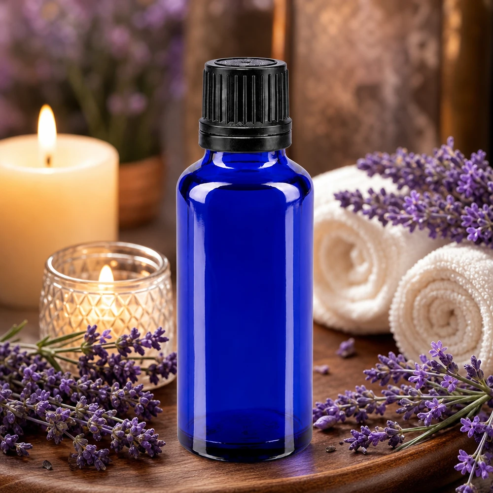 Flacone da farmacia da 30 ml in vetro ambrato, di colore blu cobalto, con tappo a vite a prova di bambino