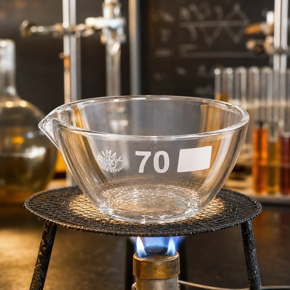 Piatto di evaporazione da 60ml con beccuccio in borosilicato ø70mm Vaschetta per vapori di precisione ø70mm con beccuccio in borosilicato resistente alle temperature per professionisti