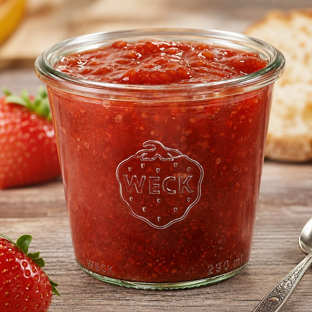 Bicchieri WECK RR80 da 290 ml riempiti di marmellata di fragole accanto a fragole fresche su un tavolo di legno