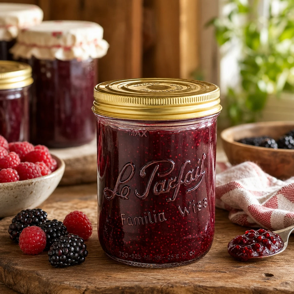 Bicchieri Familia Wiss da 1020 ml con sistema di coperchi a 2 pezzi Le P riempiti di marmellata di frutti di bosco su un tavolo di legno