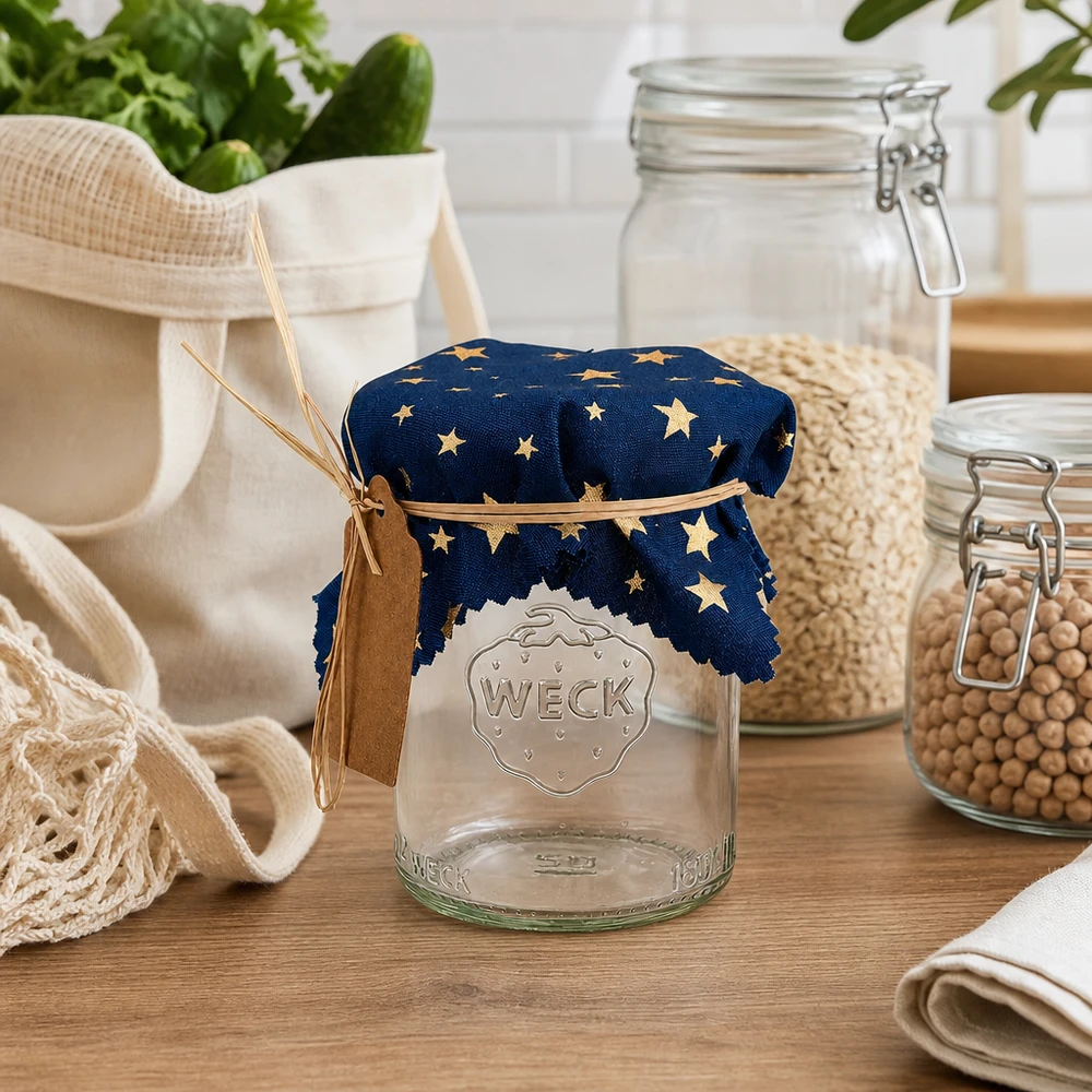 Centrino decorativo blu con stelle dorate su un barattolo Weck in una scena di cucina rustica con barattoli di stoccaggio e tessuti