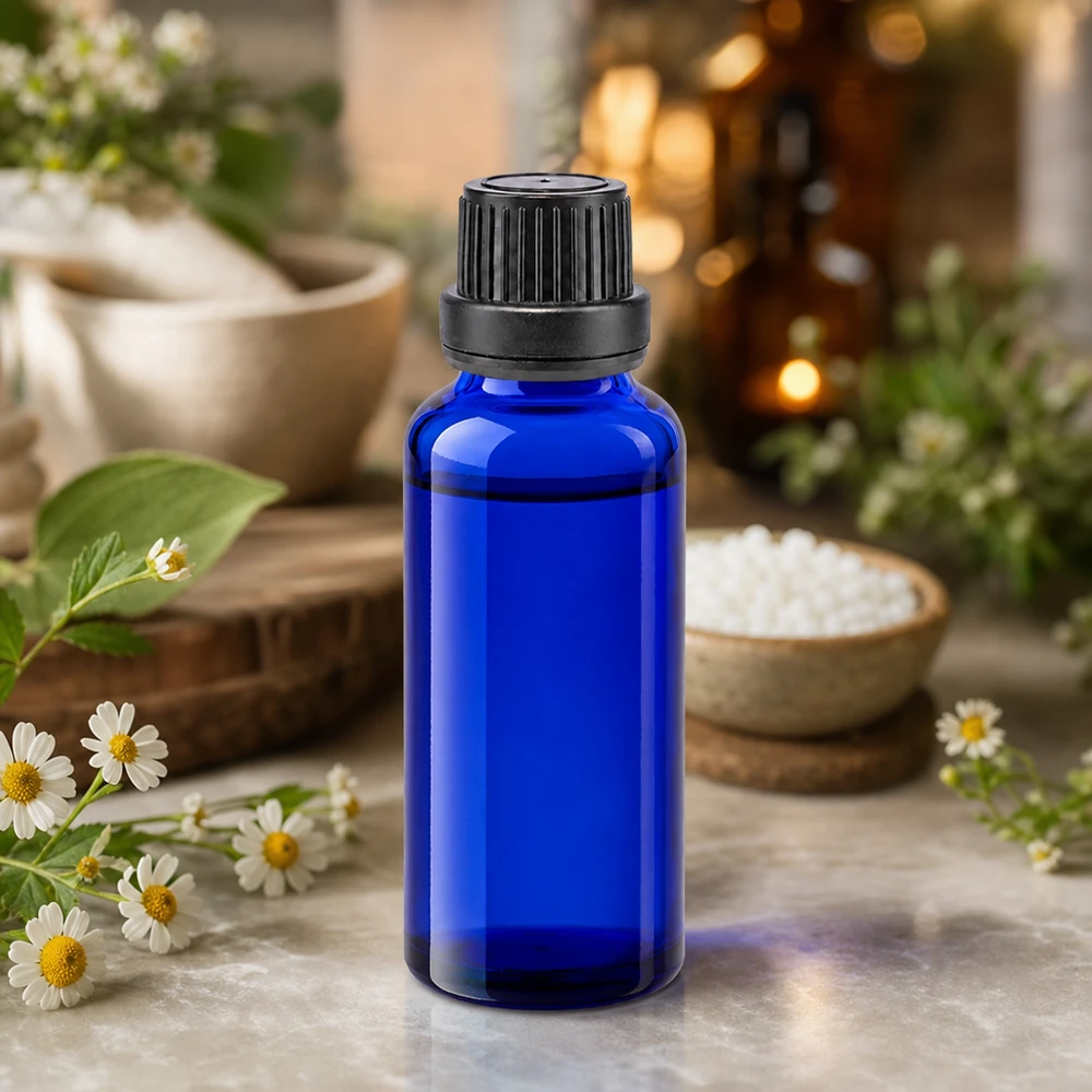 Piccolo flacone da farmacia da 30 ml di colore blu cobalto con tappo a vite a prova di bambino e fiori di camomilla