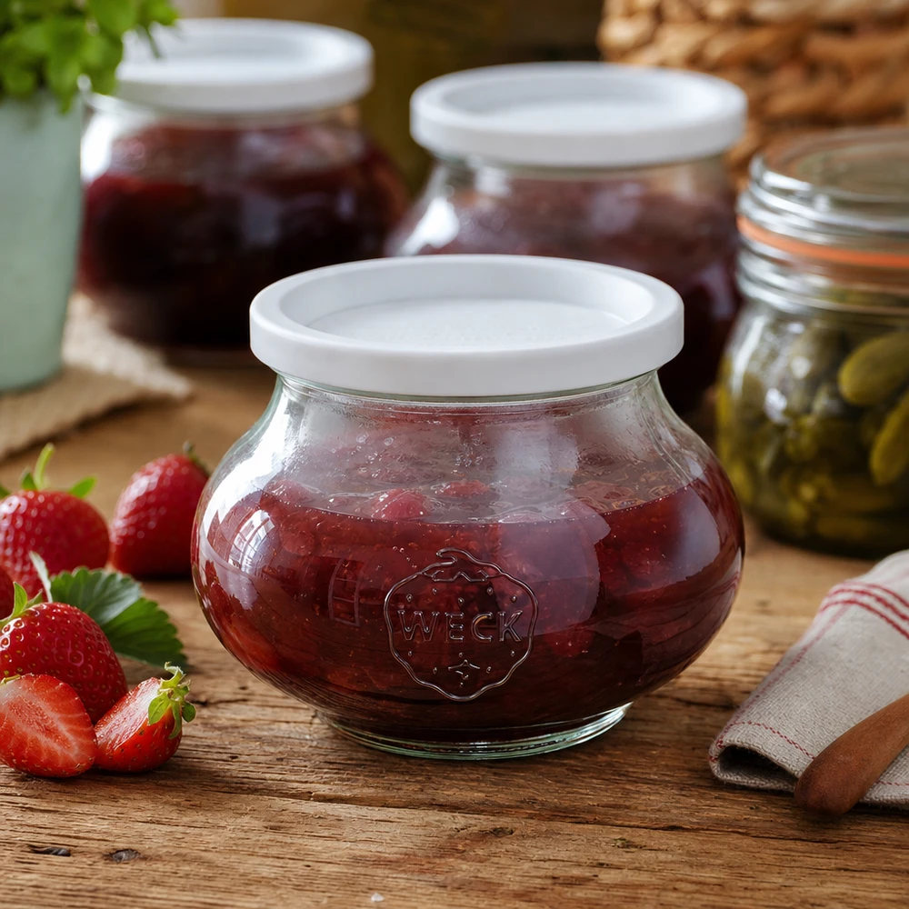 Barattolo decorativo da 560 ml con coperchio ermetico WECK RR80 Vaso da conserva WECK da 560 ml RR80 pieno di marmellata di fragole accanto a fragole fresche su un tavolo di legno in cucina