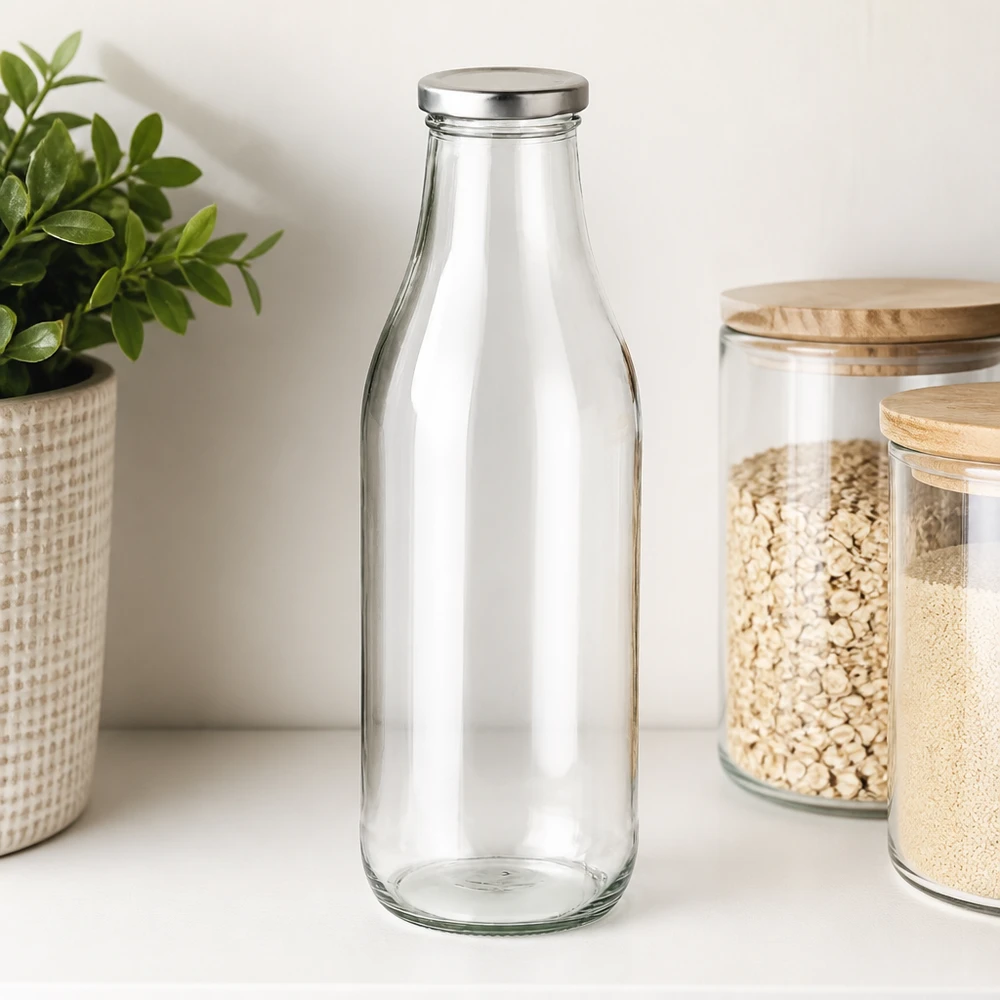 Bottiglia in vetro da 1000 ml con coperchio BasicSeal argento accanto a barattoli per cereali e piante Organizzazione moderna della cucina