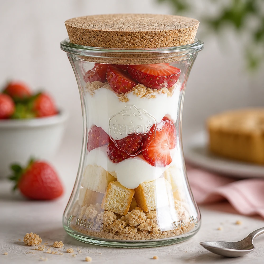 Vaso WECK 370ml RR80 come coppa da dessert riempita con un dessert a strati di fragole, yogurt e briciole di biscotto