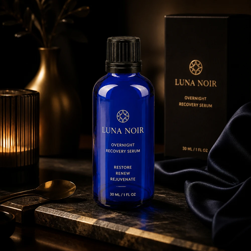 Flacone 50ml blu (Glo.)GR OV nero/8mm ApoGlas Siero rigenerante notturno Luna Noir in flacone da farmacia da 50 ml color blu cobalto con tappo contagocce