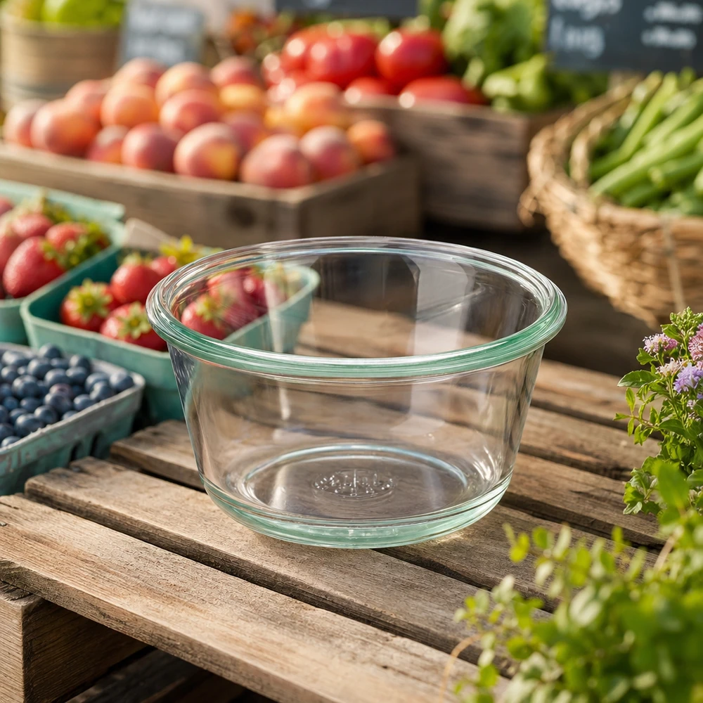 WECK RR100 290ml vaso gourmet vuoto su tavolo di legno con frutta e verdura fresche sullo sfondo per la conservazione